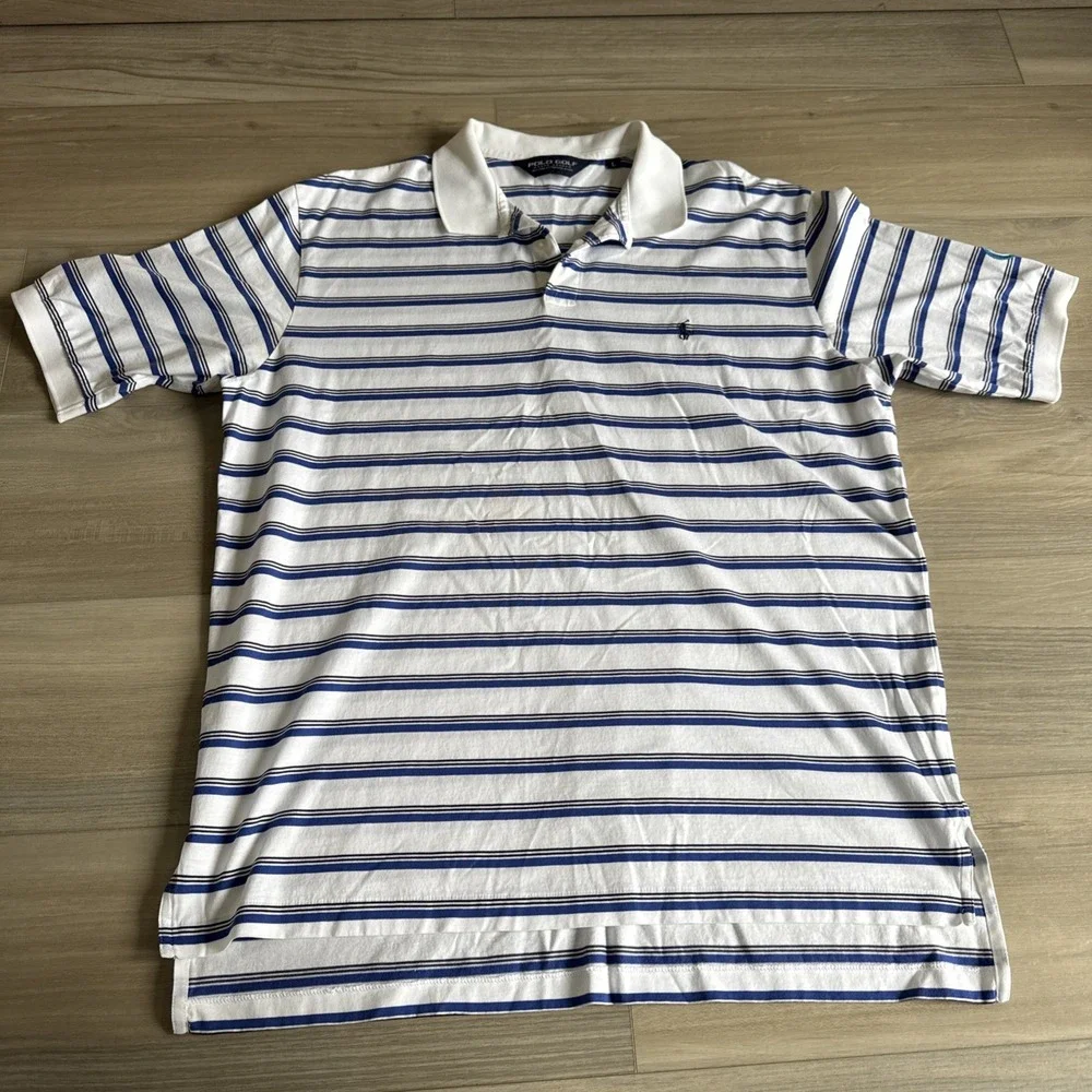 Ralph Lauren Polo Golf Cotton Shirt Men's L White‎ Blue Stripe Short Sleeve